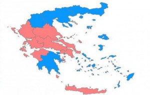 La répartition de vote deux grands adversaires dans le pays en rose (Syriza) et bleu (N.D.) source : http://metapolls.net/2014/05/27/greece-european-parliament-election-2014-final-results-2/#.U6bmdPmSySo